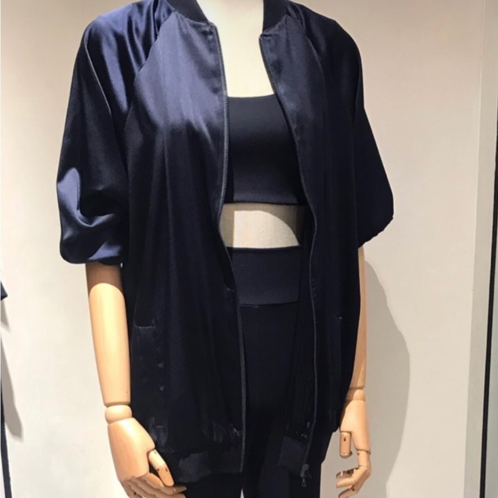 ROYL Navy Blue Silk Double Zipper Bomber Jacket